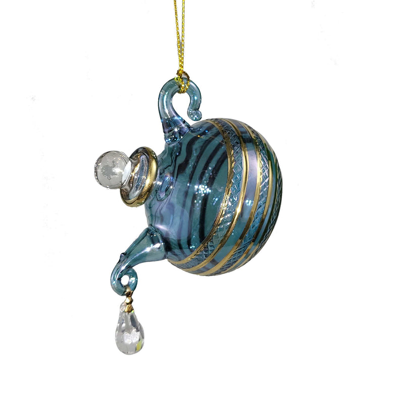 Glass Teapot with Crystal 'droplet' Ornament - Blue