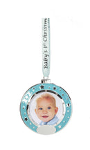 Silver Plated Baby Ornament - Round Blue Picture Frame - The Country Christmas Loft
