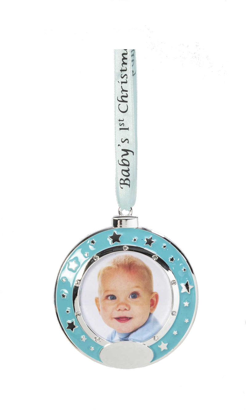 Silver Plated Baby Ornament - Round Blue Picture Frame - The Country Christmas Loft