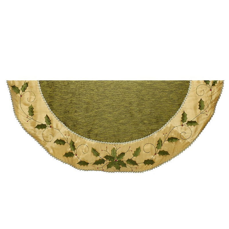 Green and Gold With Holly Leaves Embroidered Tree Skirt - The Country Christmas Loft