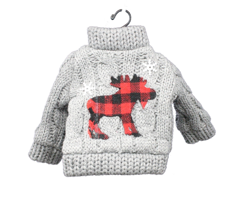 Grey Knit Sweater Ornament With  Plaid Moose