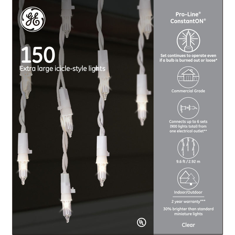 Ge 150 Icicle Style Lights - Clear/White Wire - The Country Christmas Loft