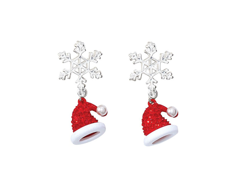 Silver Snowflake With Red Crystal Santa Hat - Earrings