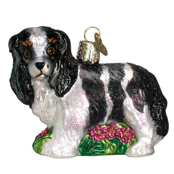 Old World Christmas Black and White King Charles Spaniel Glass Blown Ornament - The Country Christmas Loft