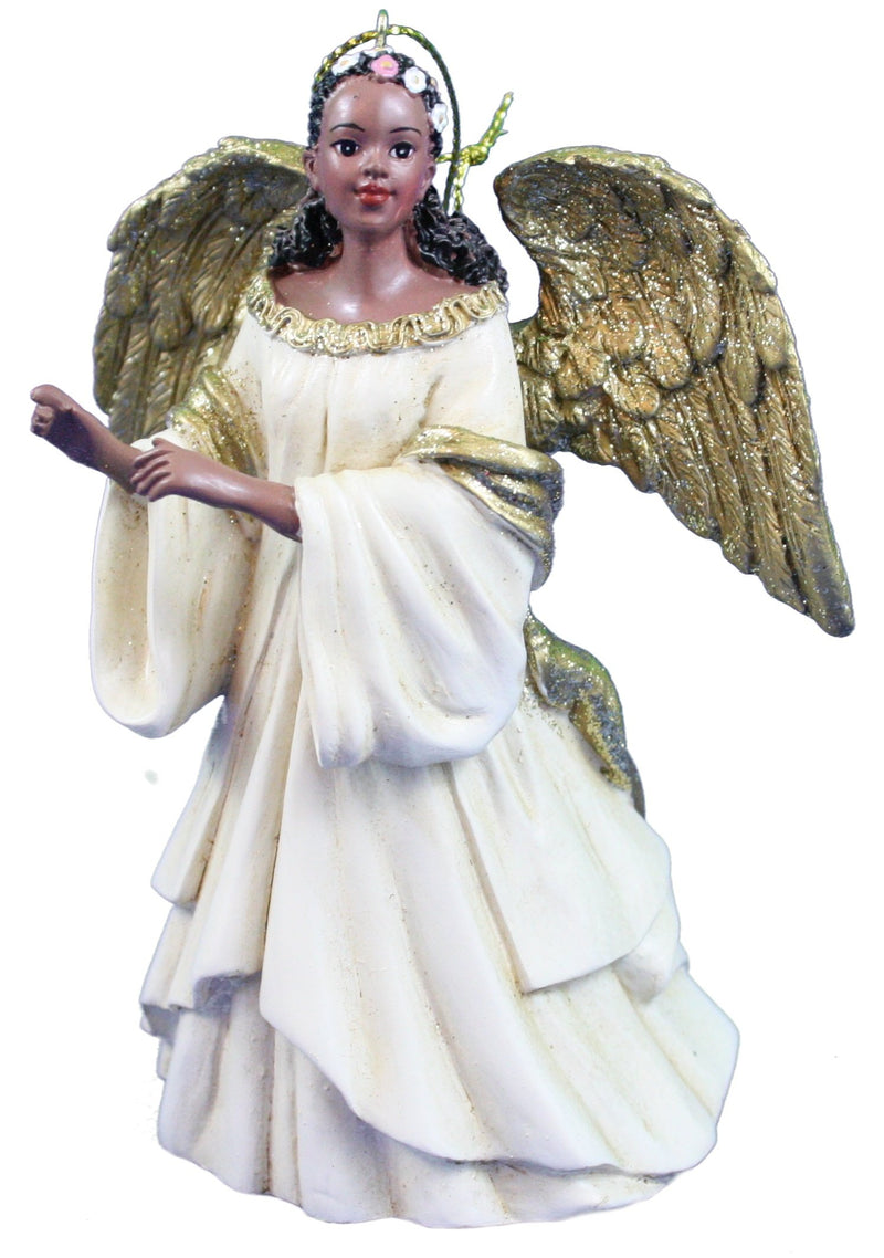 Ivory And Gold African American Angel Ornament - Lifted Hands - The Country Christmas Loft