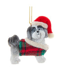 Grey Shih-Tzu With Plaid Coat and Santa Hat Ornament - The Country Christmas Loft