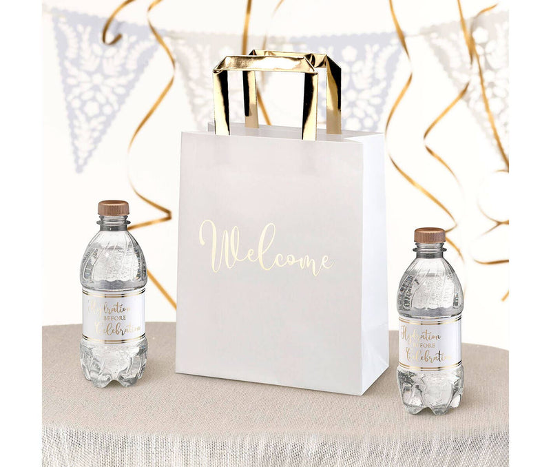 Gold and White Wedding Welcome Bags with Bottle Wraps Set - The Country Christmas Loft