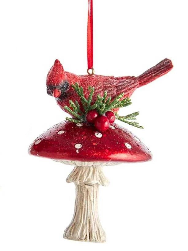 Cardinal On Mushroom Ornament - - The Country Christmas Loft