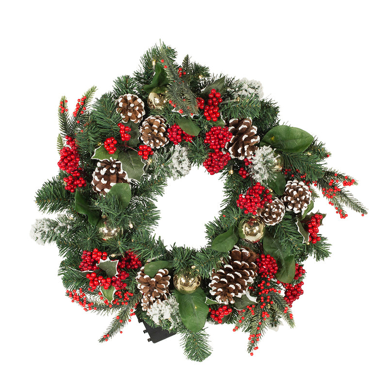 18" Battery-Operated LED Holly Berry and Pinecone Wreath - The Country Christmas Loft