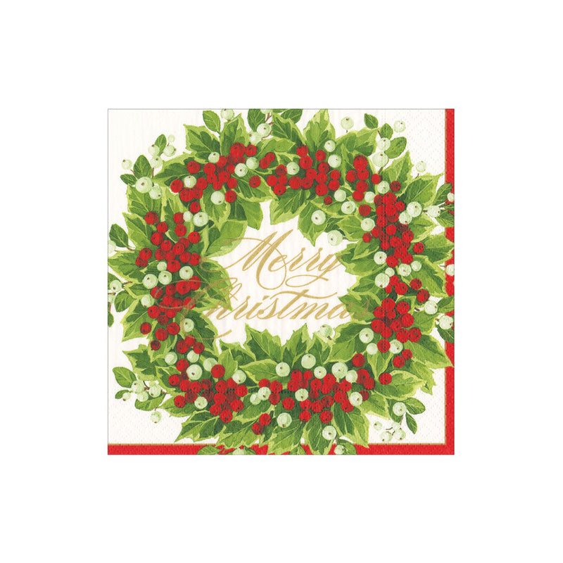 Holly and Berry Wreath Paper Cocktail Napkins - The Country Christmas Loft