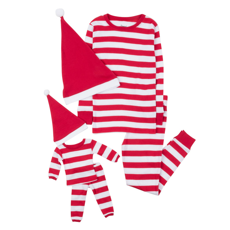 Girl And Doll Cotton Red And  White Stripes with Hat Pajama - - The Country Christmas Loft