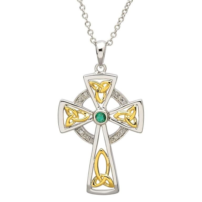 Trinity Knot Diamond And Emerald Silver Celtic Cross Pendant