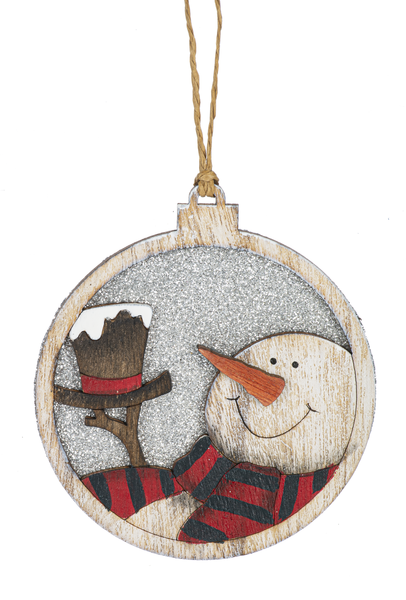 Wooden Circle Glittered Ornament - Snowman with his Hat - The Country Christmas Loft