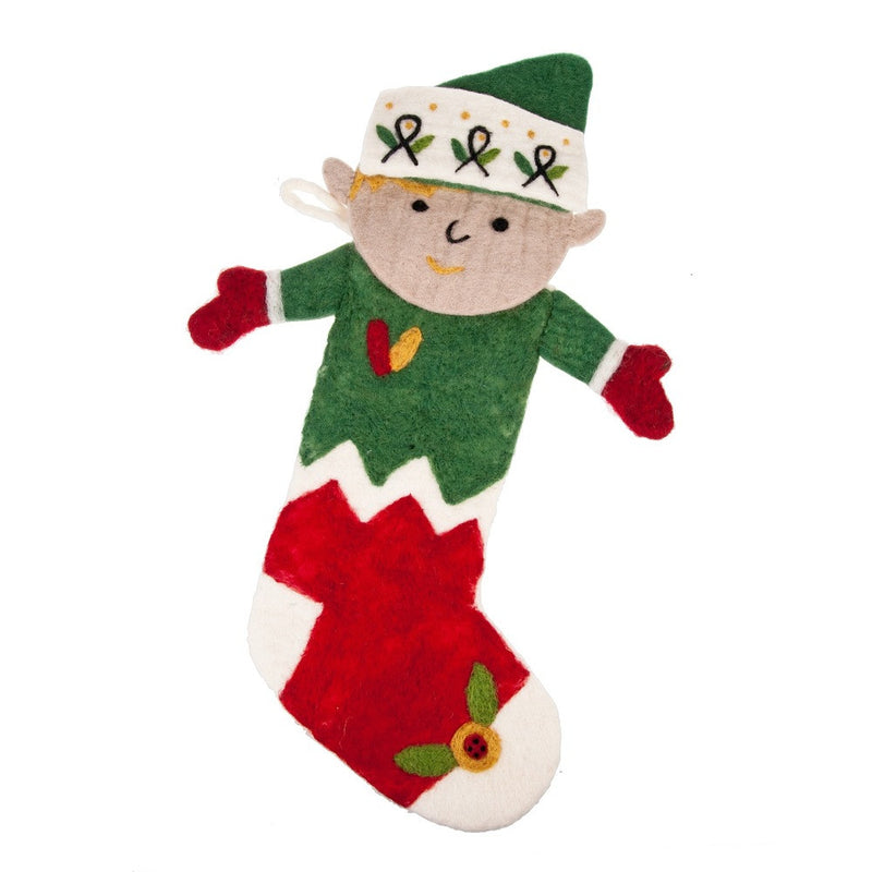 Holly Elf Wool Stocking - The Country Christmas Loft