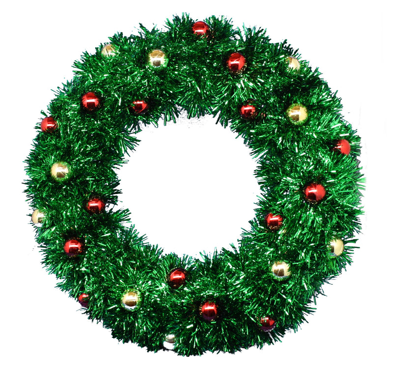 Tinsel Wreath with Colorful Ornaments - Green