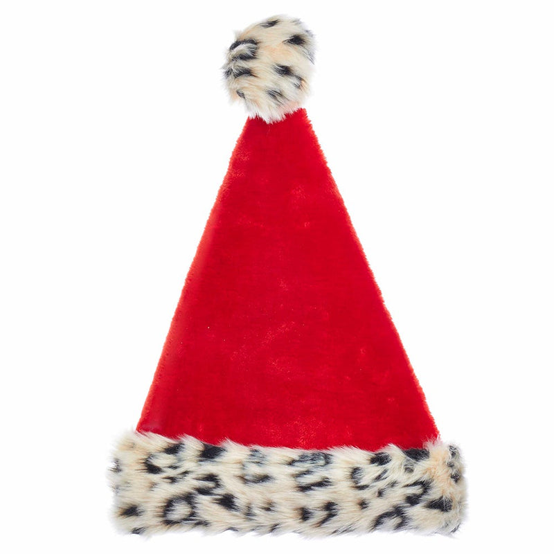 Red Plush Santa Hat With Leopard Fur Trim - The Country Christmas Loft