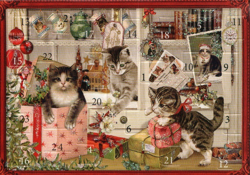 Miniature Victorian Advent Calendar Card - Cats At Play