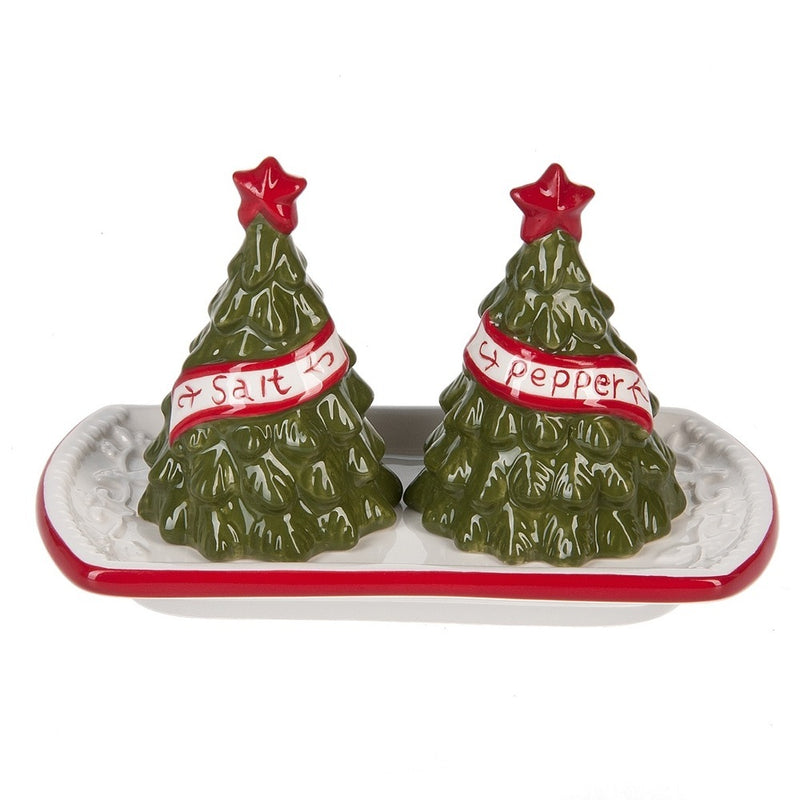Christmas Tree Salt & Pepper set with Ceramic Tray - The Country Christmas Loft