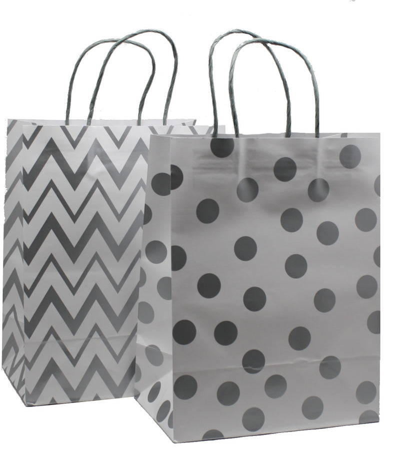 Medium White Kraft Gift Bag Set With Silver Metallic Patterns - The Country Christmas Loft