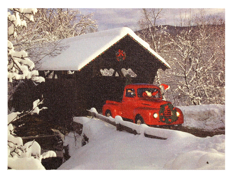 7.8" Lighted Canvas Print - Santa In Red Truck Going Under Covered Bridge - The Country Christmas Loft