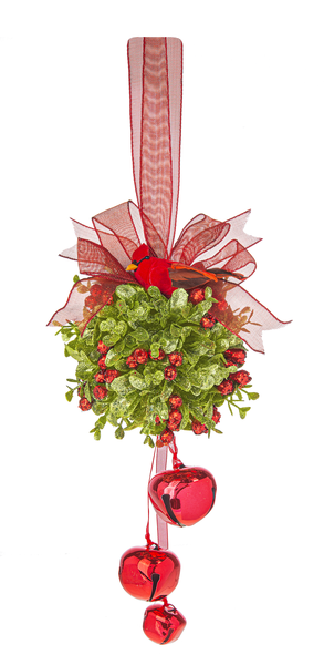 Cardinal Jingle Bell Door Hanger - Kissing Ball - Red - The Country Christmas Loft