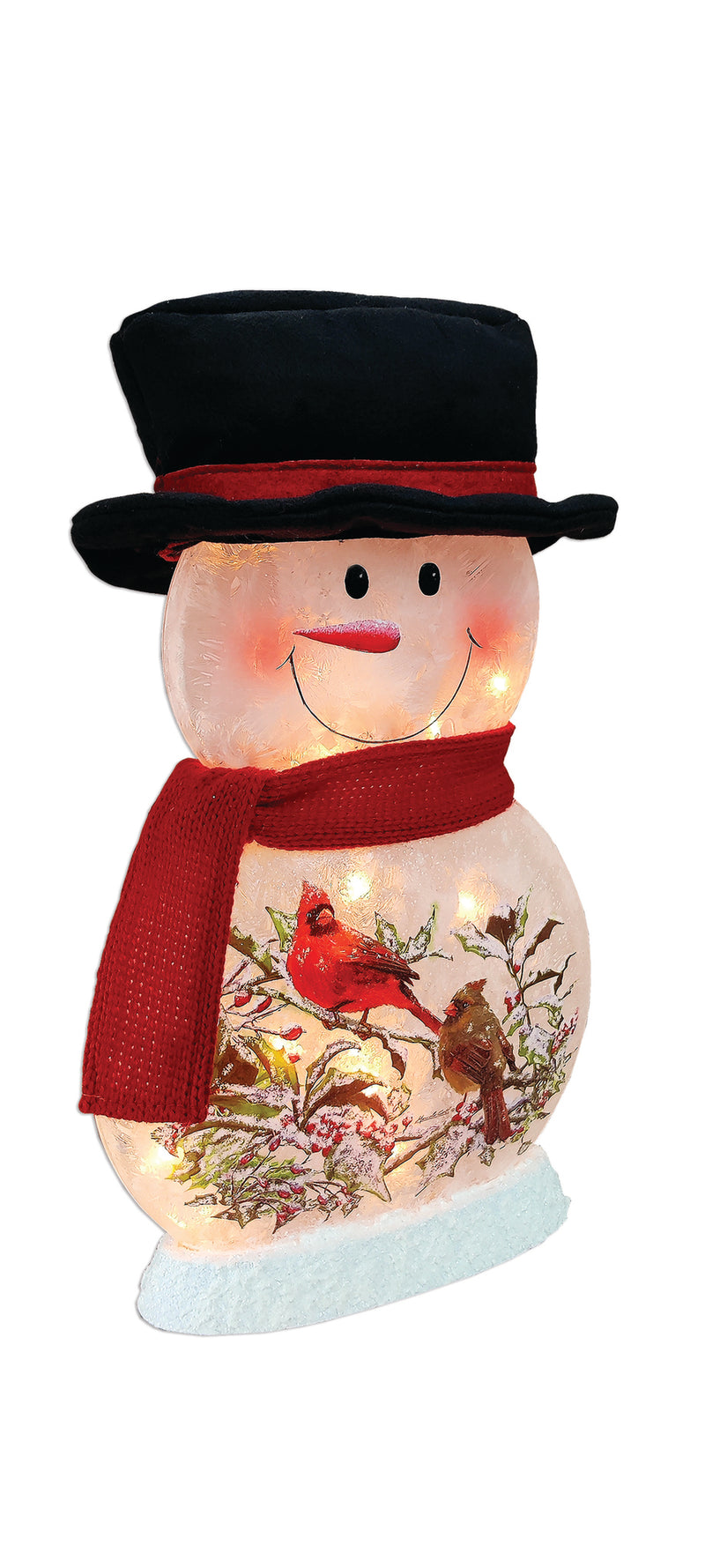 Holly and Cardinal Lighted Snowman with Hat and Scarf