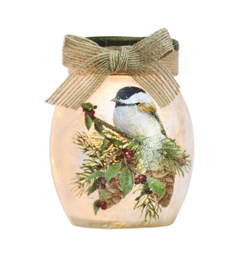 Prelit Glass Jar - Chickadee and Pine Bough - 4" tall - The Country Christmas Loft