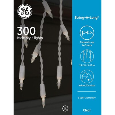 GE 300 Icicle Style Lights - Clear with White Wire - The Country Christmas Loft