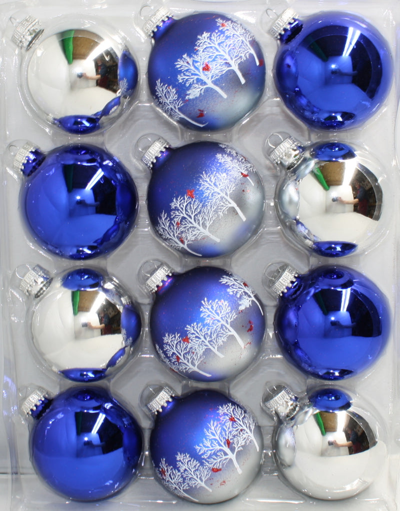 2 5/8 Glass Balls - Silver Caps - Silver and Blue Trees and Cardinals - 12 Pack - The Country Christmas Loft