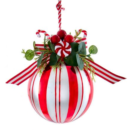 Peppermint Glass Ball With Candy and Greenery Ornament - - The Country Christmas Loft