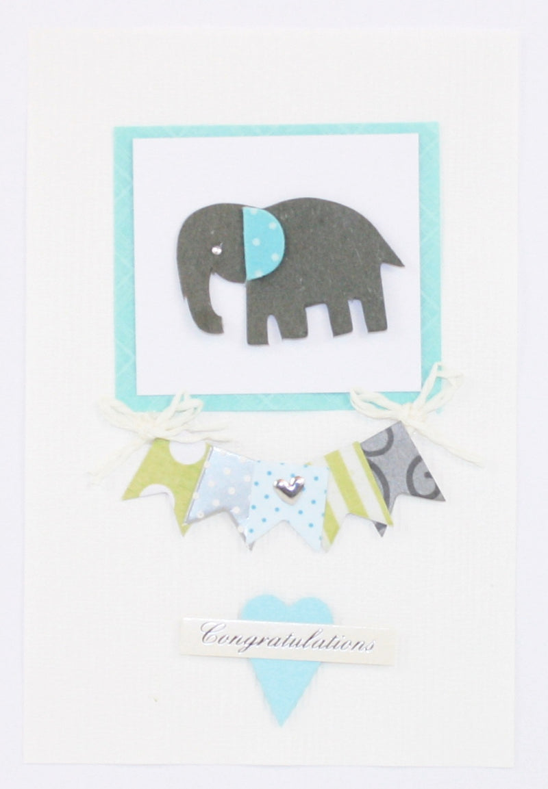 Handmade Embellished Welcome Baby Card - Blue Elephant