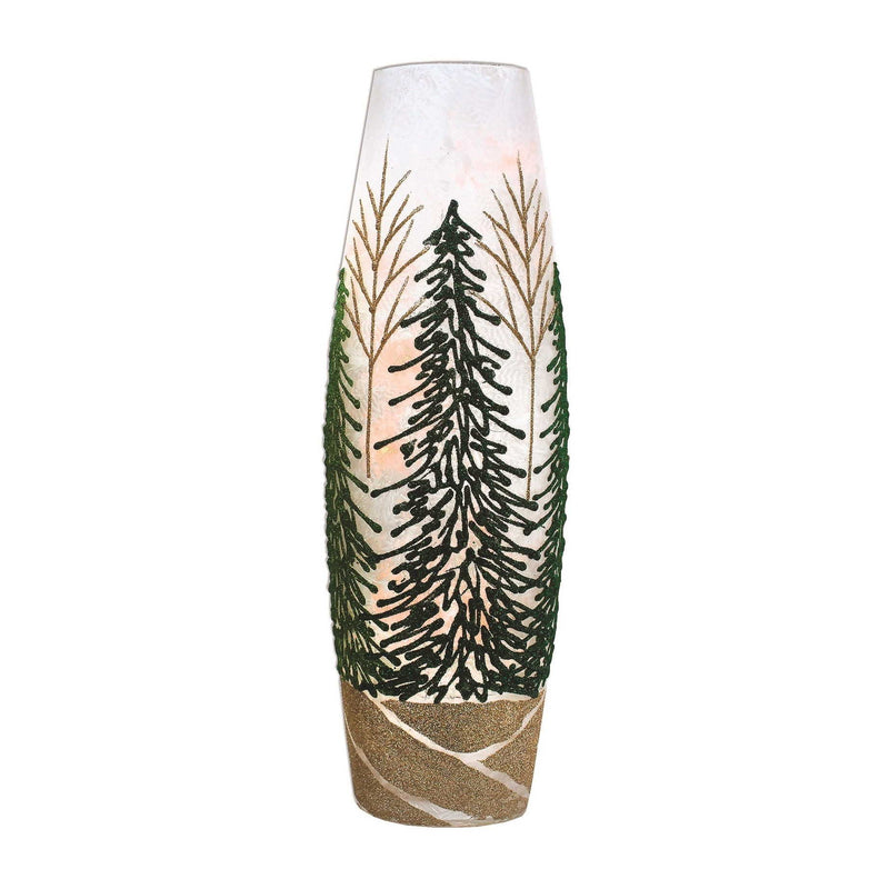 Glittering Green Trees - Lighted 12 Inch Vase - Gold Tree - The Country Christmas Loft