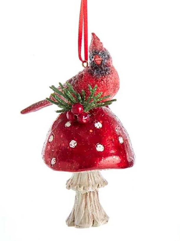 Cardinal On Mushroom Ornament - - The Country Christmas Loft