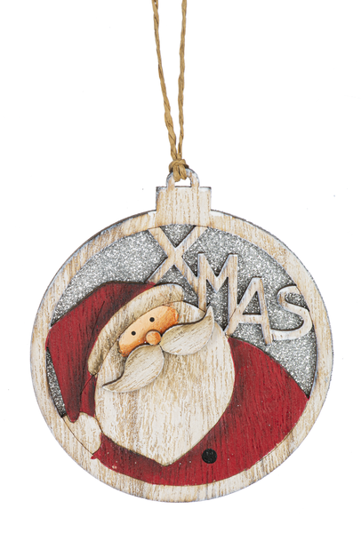 Wooden Circle Glittered Ornament - Santa - The Country Christmas Loft
