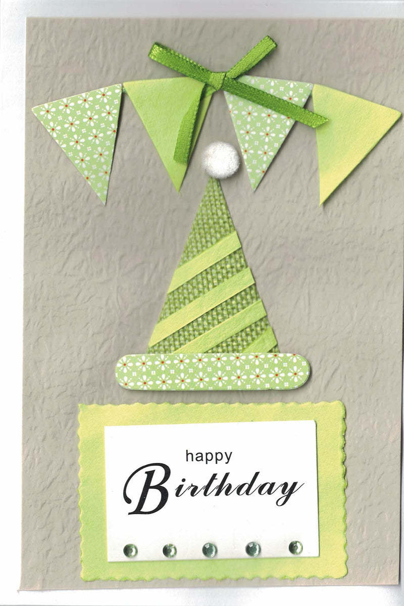Handmade Embellished Birthday Card - Green Party Hat