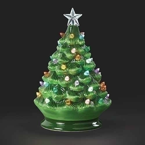 Vintage Green Ceramic Christmas tree - 8 Inch - LED Twinkle