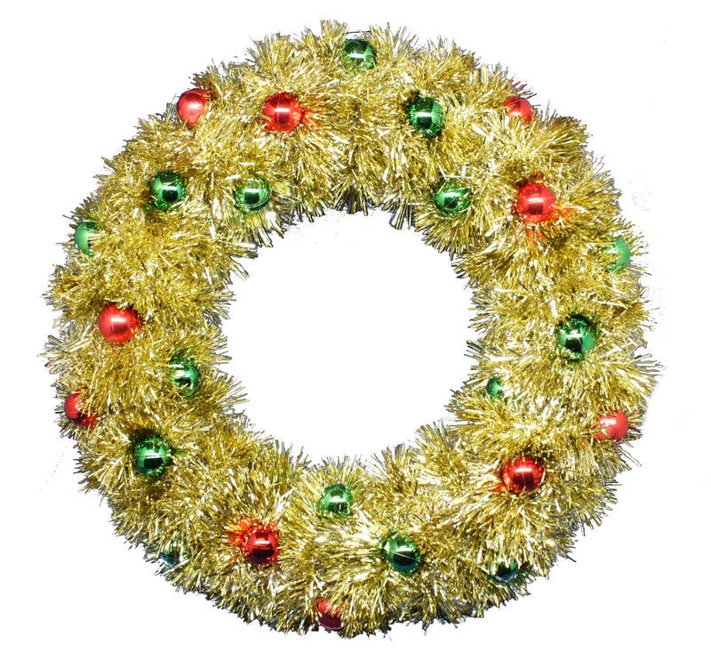 Tinsel Wreath with Colorful Ornaments - Gold