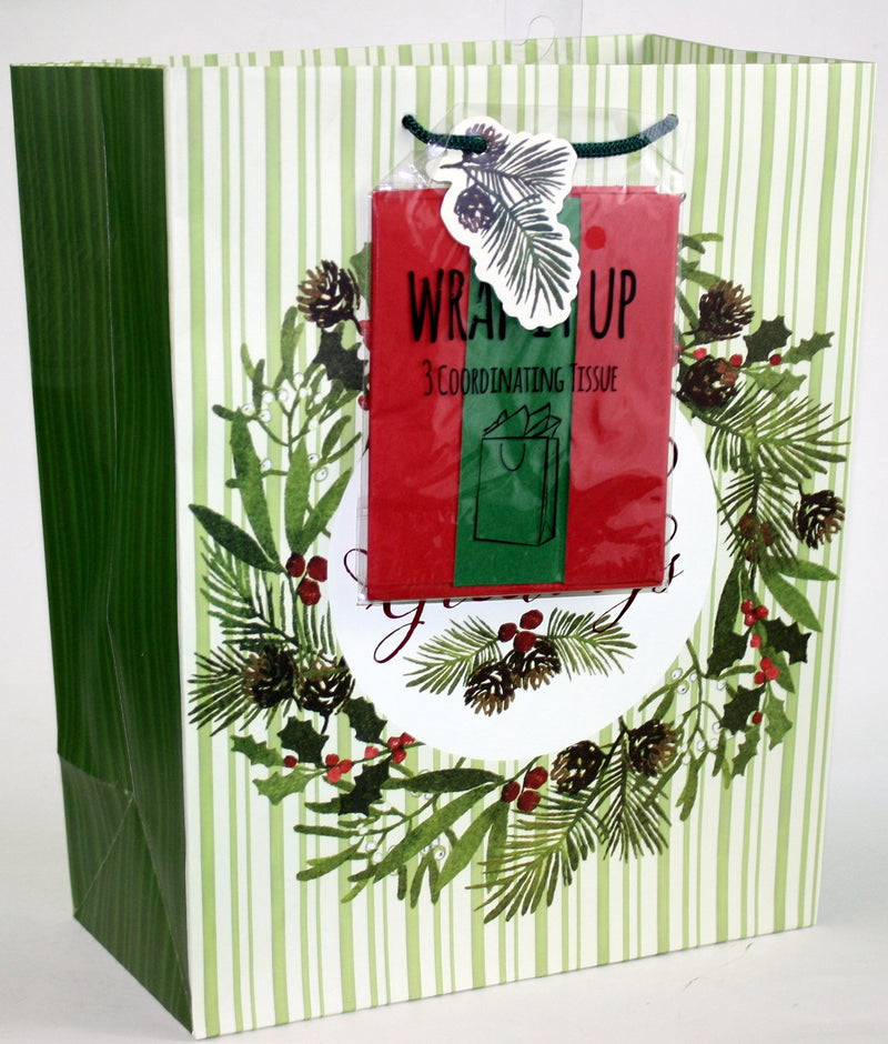 Traditional Gift Bag With Matching Tissue - Season's Greeting Wreath Large