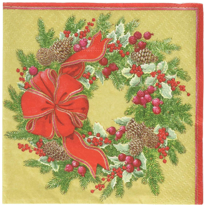 Evergreen Wreath (Gold) - Cocktail Napkin - The Country Christmas Loft