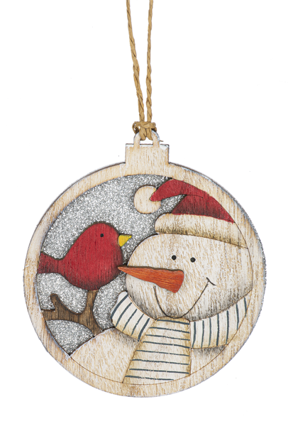 Wooden Circle Glittered Ornament - Snowman and Cardinal - The Country Christmas Loft