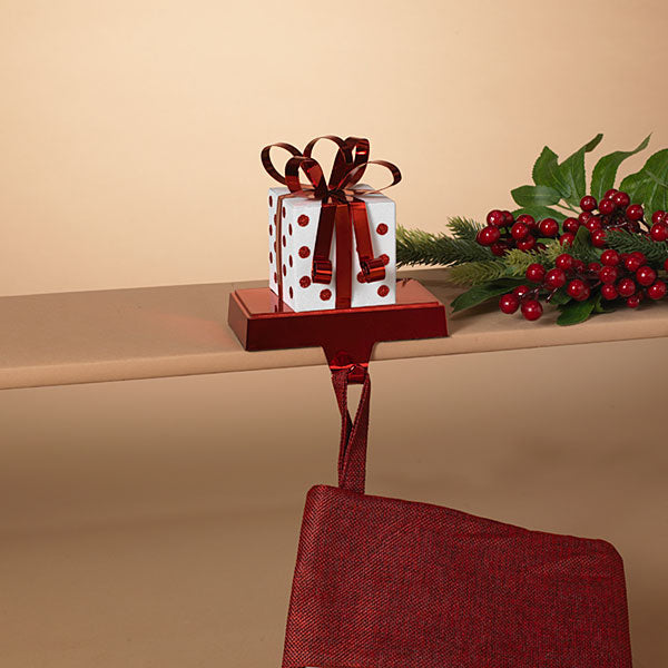 Metal White Glitter Present - Stocking Hanger - The Country Christmas Loft