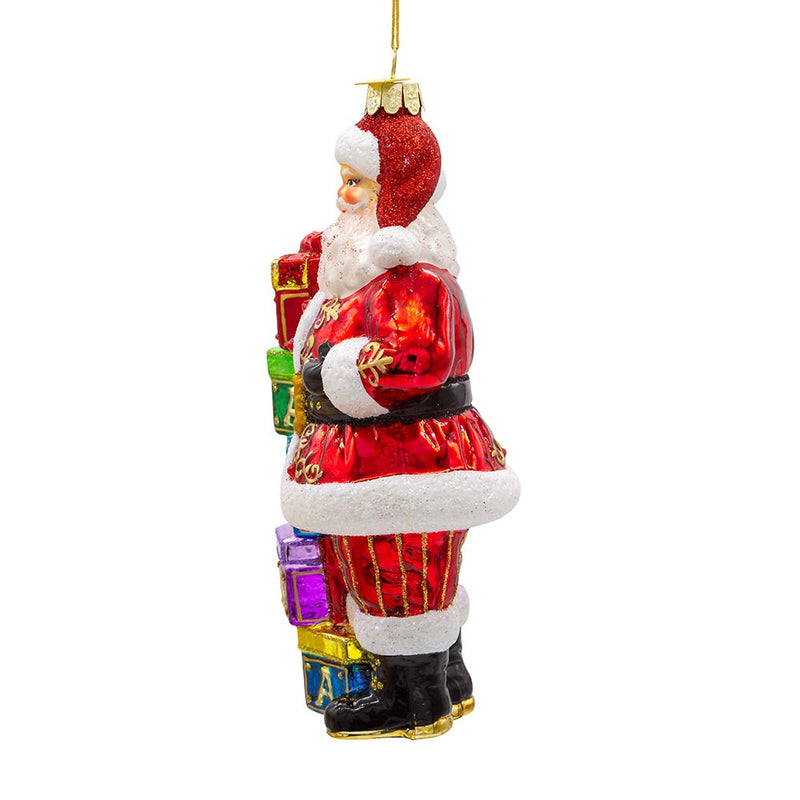 Bellissimo Glass Santa With Gift Boxes Ornament - The Country Christmas Loft