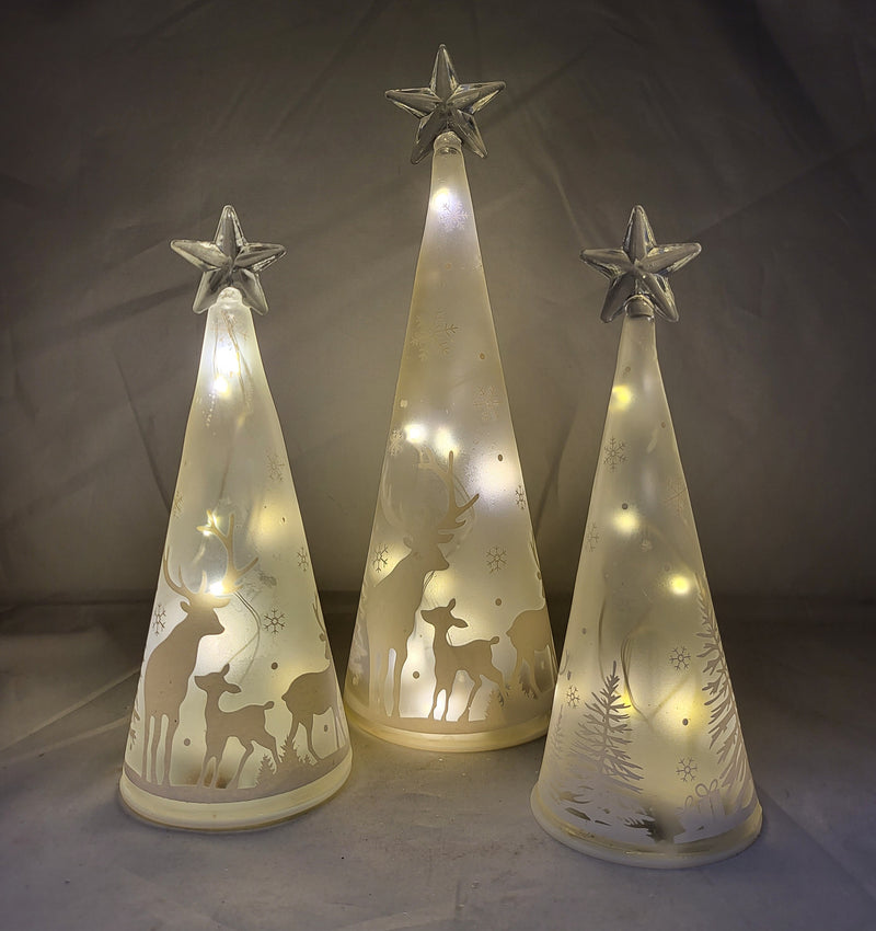 LED Glass Tree With Shooting Star and Deer Scene - 3 Piece Set