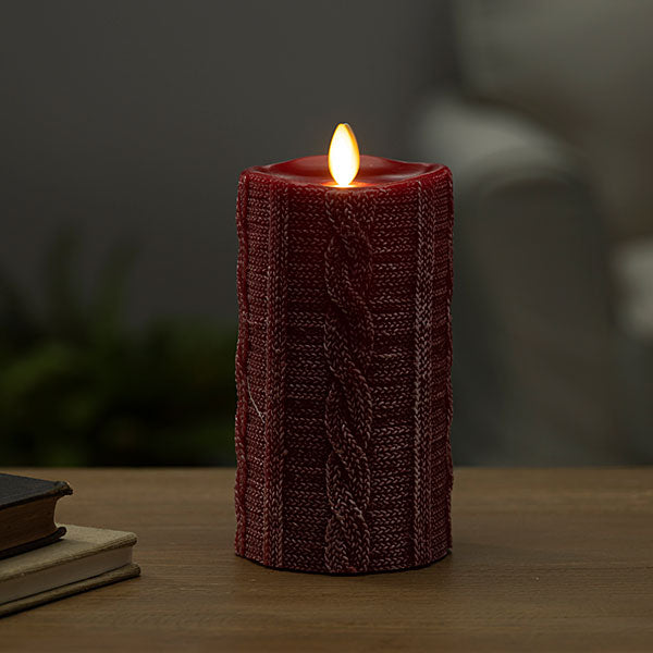 Luminara Red Embossed Sweater Moving Flame  Pillar - The Country Christmas Loft