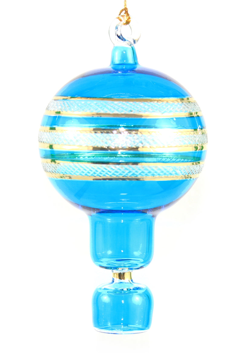Gold Etched Glass Hot Air Balloon Ornament - Teal Blue
