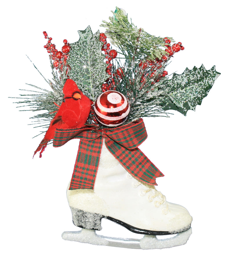 Ice Skate with Greens Ornament - Red Bow - The Country Christmas Loft