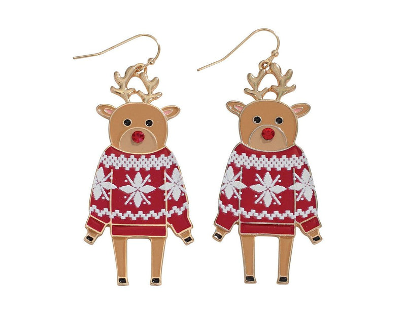 Reindeer in Red Sweater - Earrings