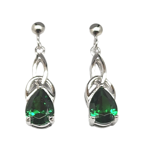 Sterling Silver Cz Emerald Trinity Earrings