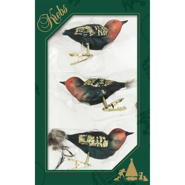 Krebs Green and Brown Matte Clip-on Glass Birds - 3 Pack - The Country Christmas Loft