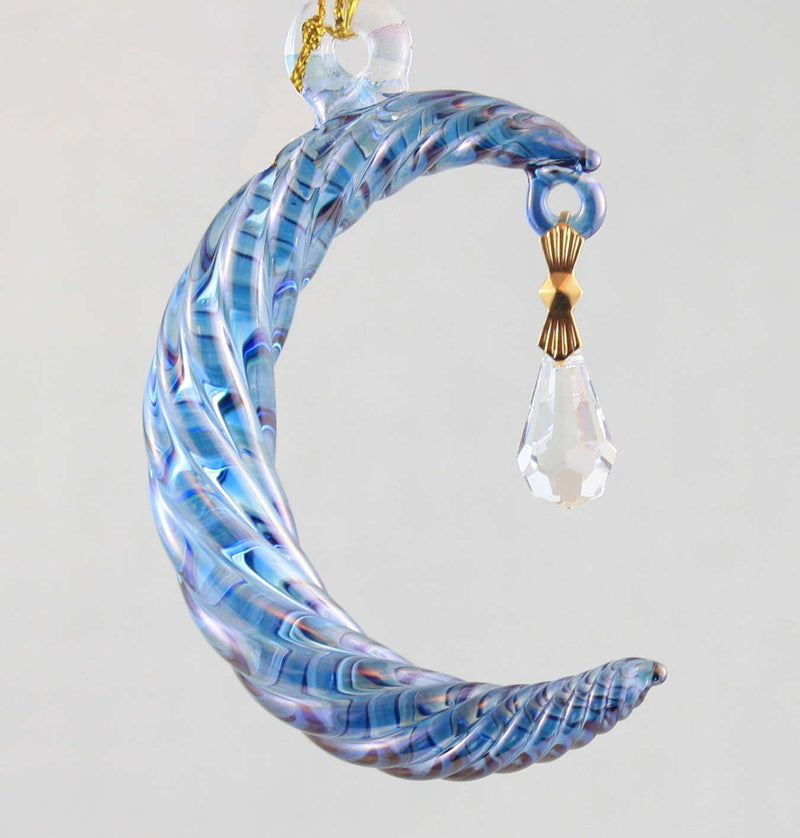 Small Crescent Moon Glass Ornament - Blue